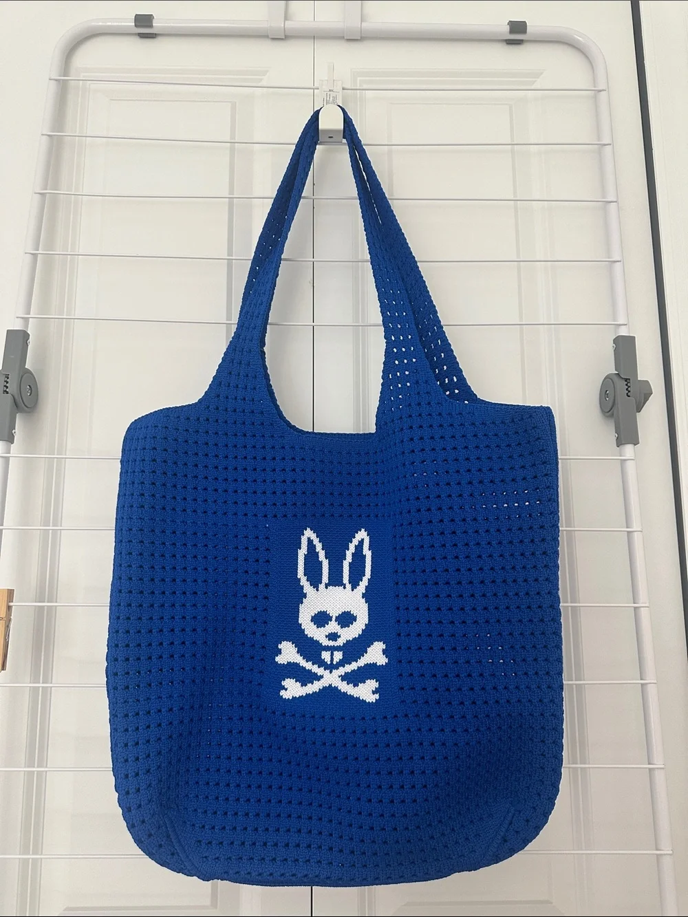 Psycho Bunny Royal Blue Crochet Tote with White Bunny Skull